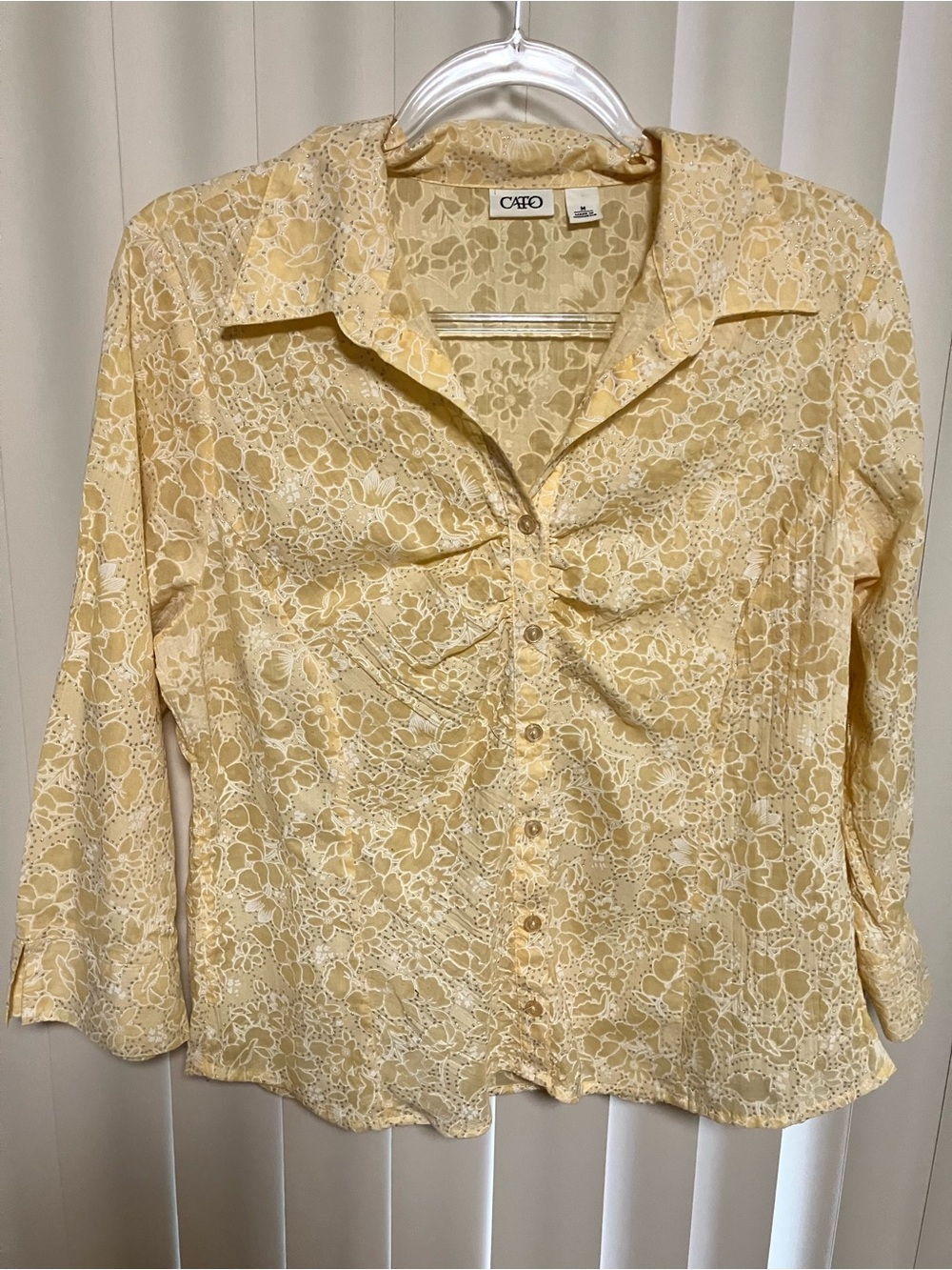 Cato Pale Yellow Lace-Pattern Button-Down Blouse